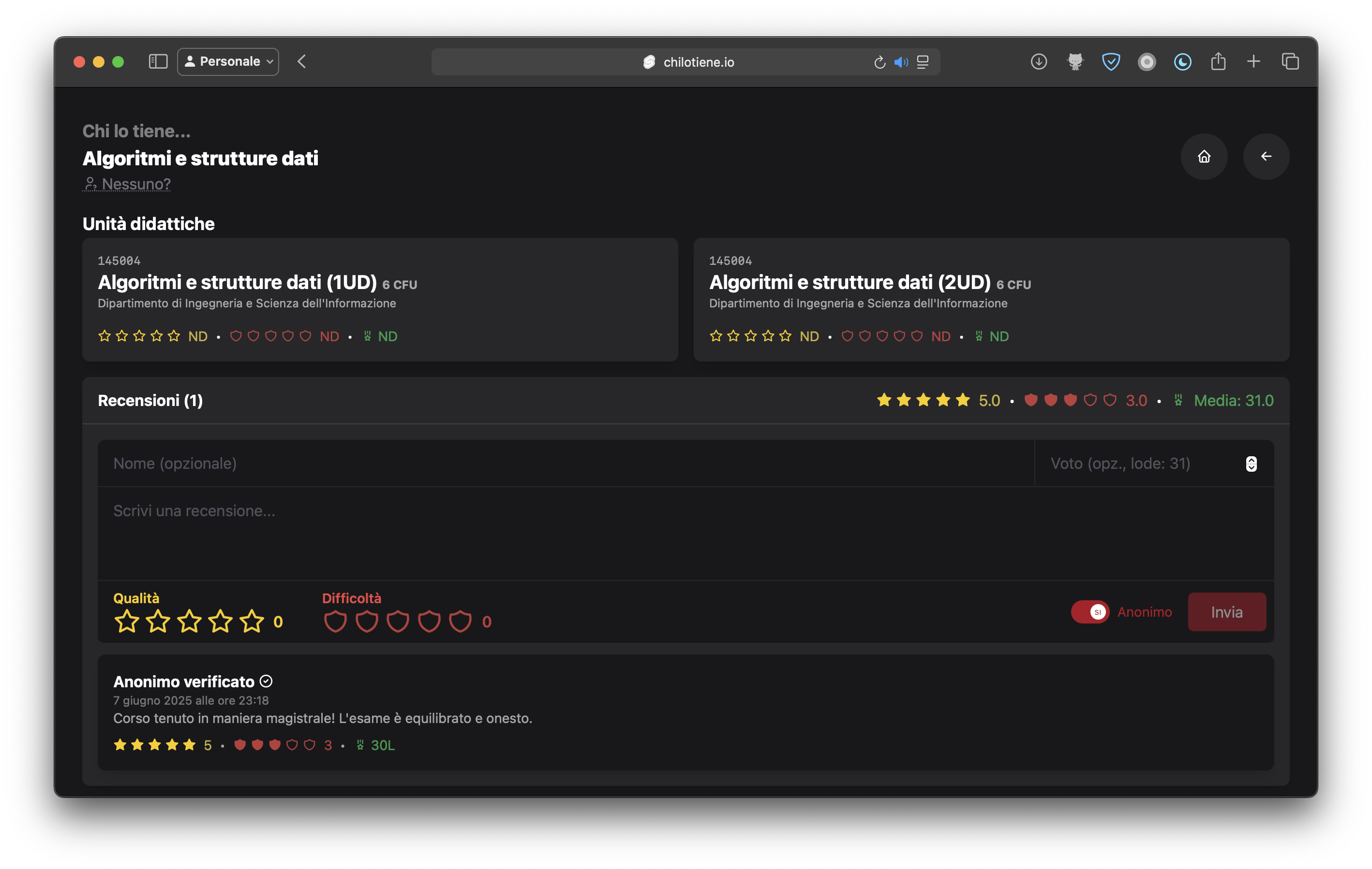 Screenshot: a course detail page