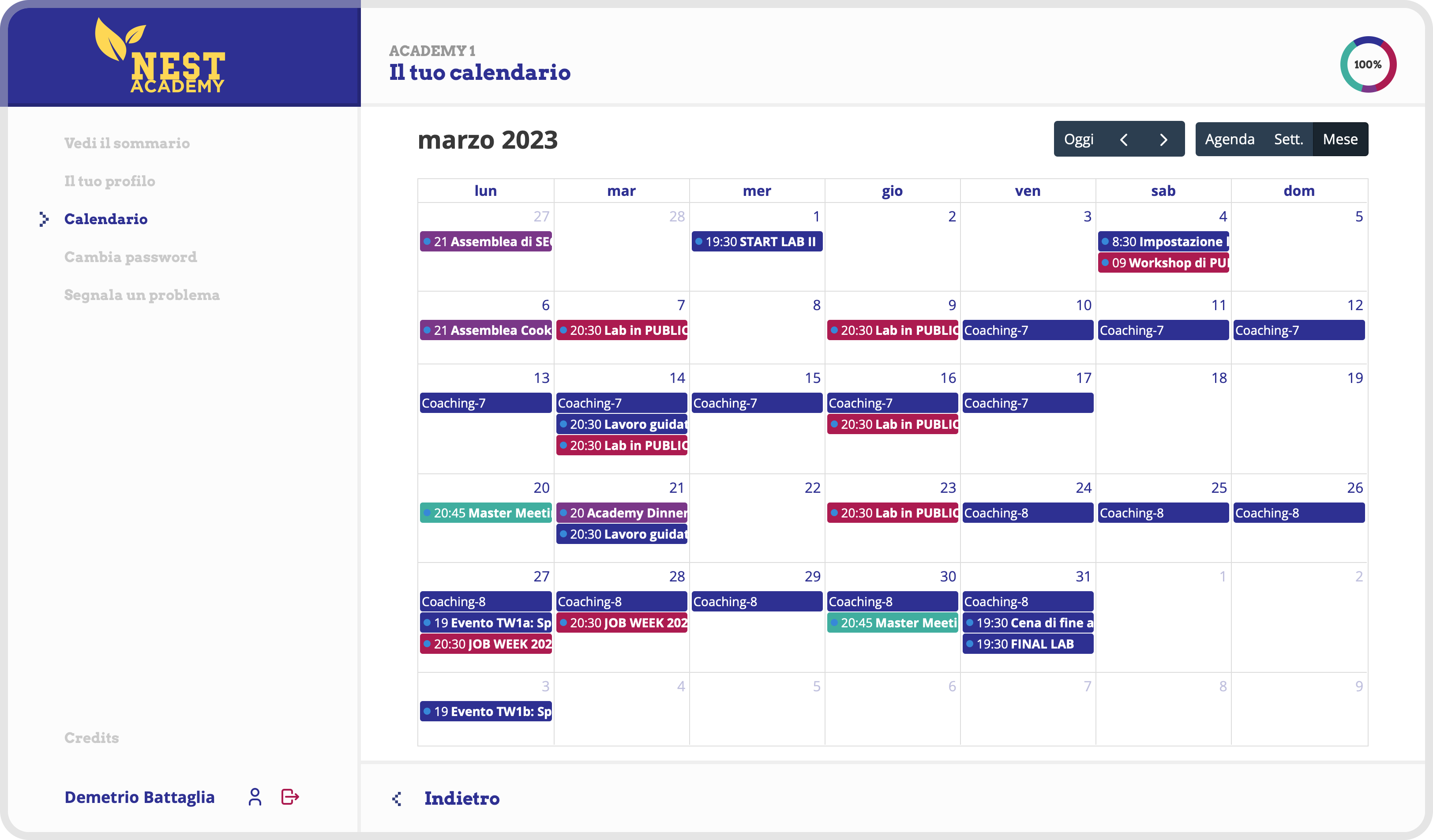 Screenshot: a student's personal calendar in NEST Academy